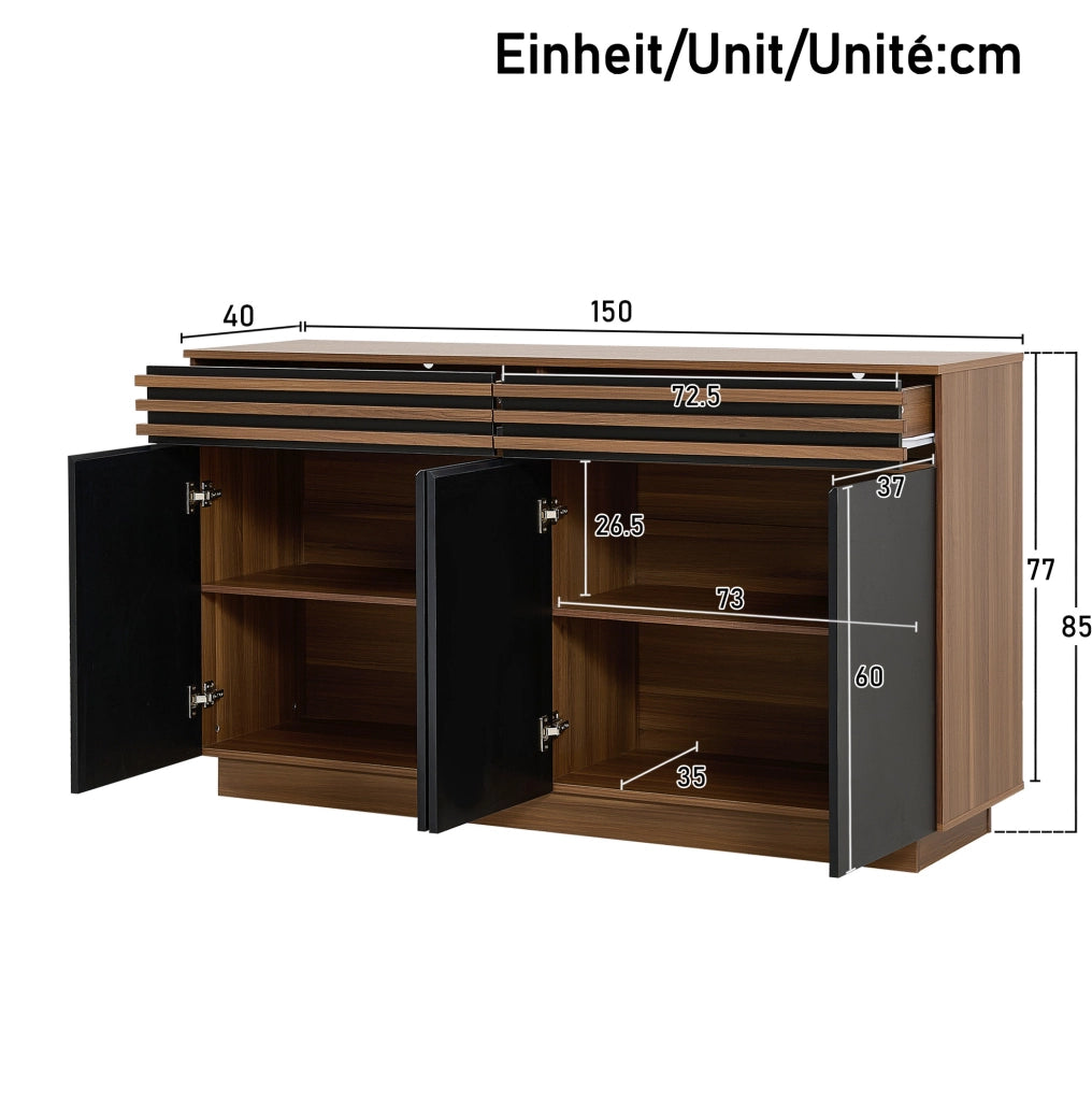 Sideboard 150x40x85 cm in MDF effetto legno marrone e nero; 2 cassetti e 4 ante