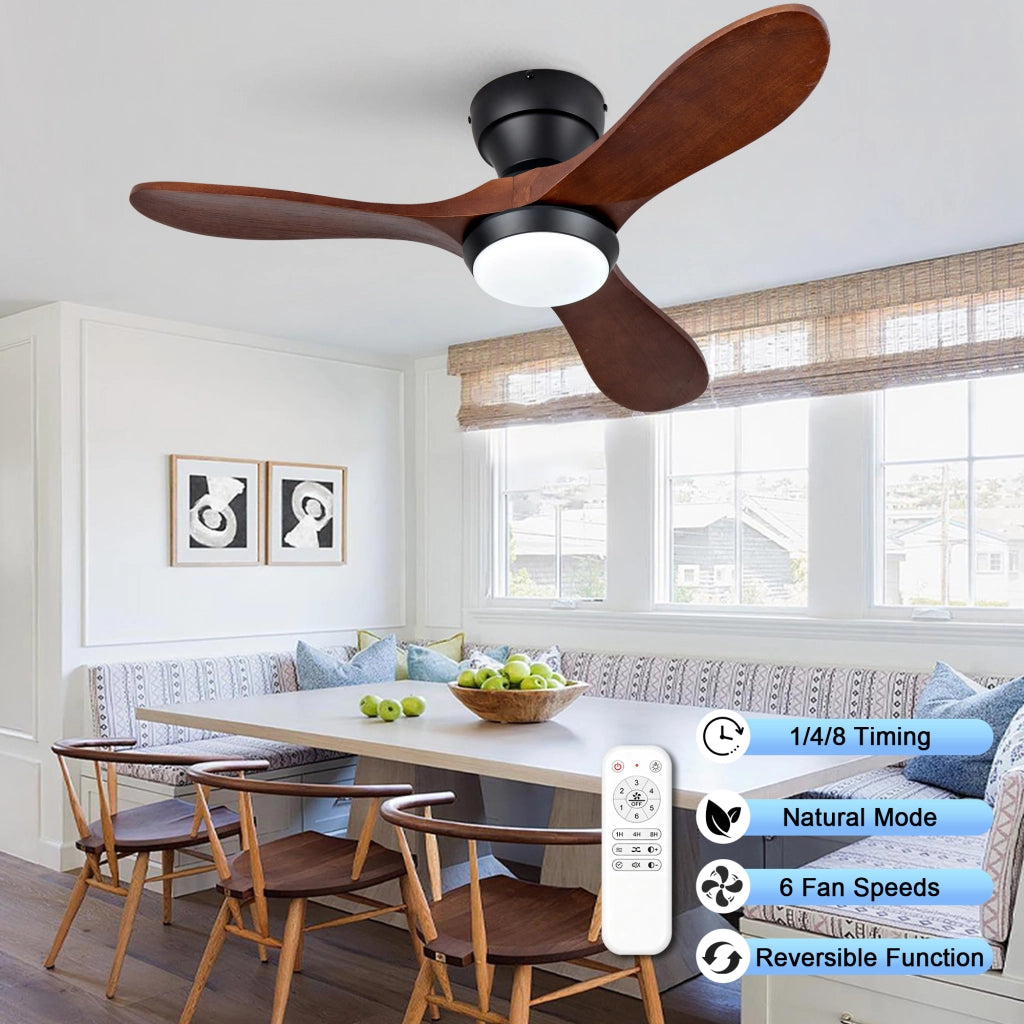 VENTILATORE DA SOFFITTO 91 cm con LED, telecomando, 3 pale in legno massello nero/nocciola