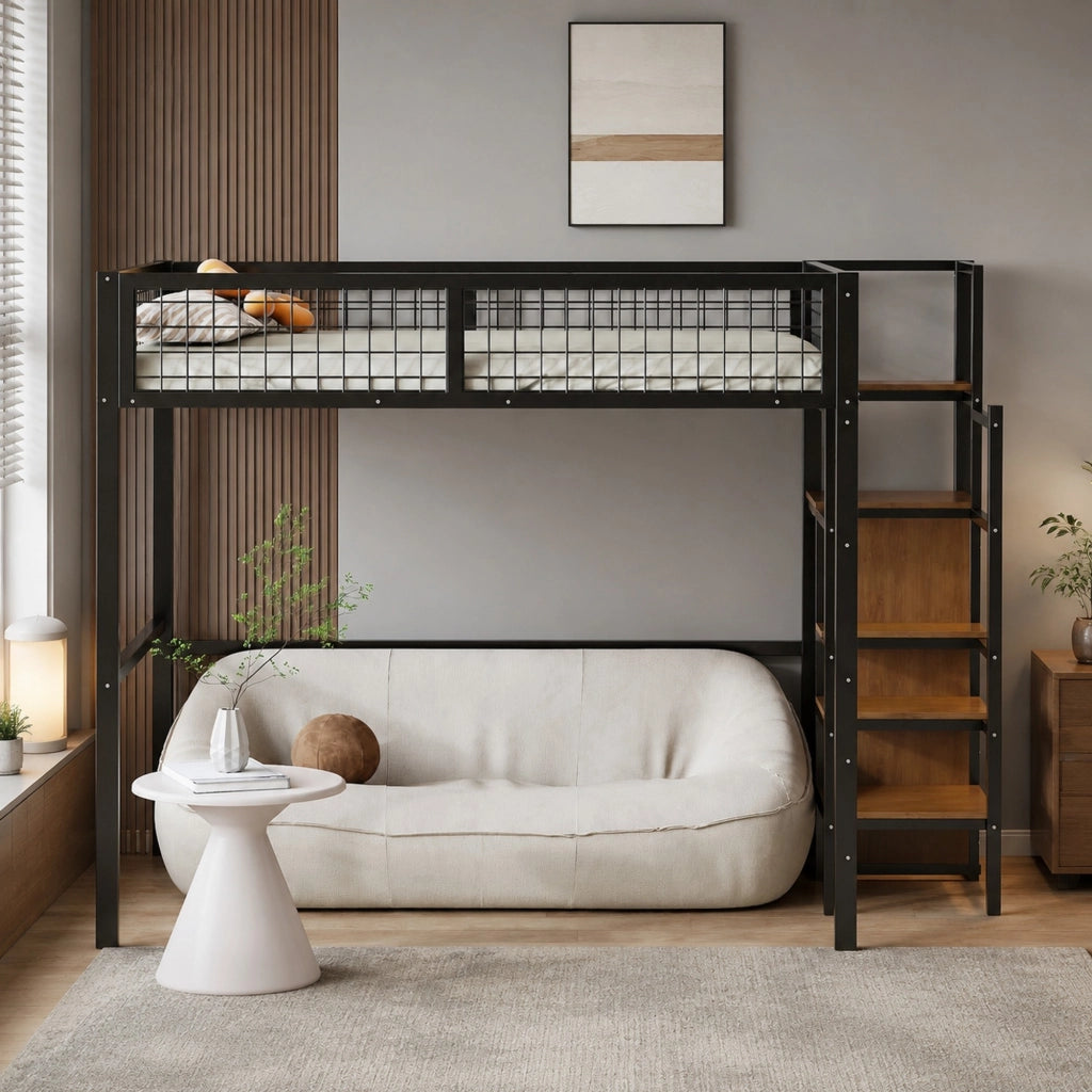 LETTO a soppalco 140x200 cm in metallo nero con scala e armadio