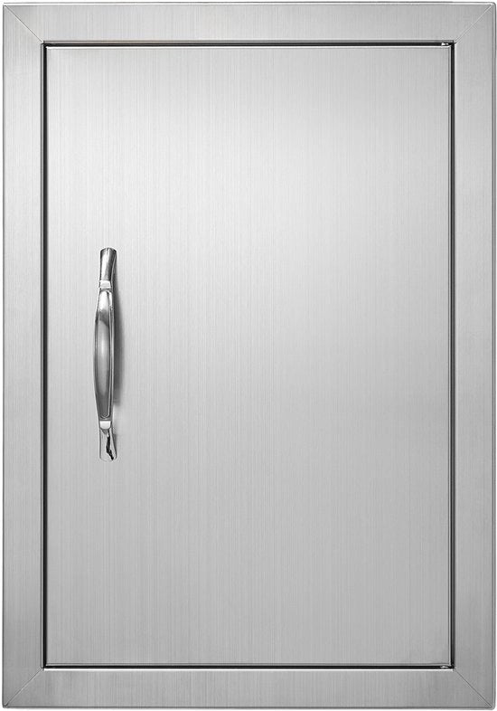 Porta di accesso per barbecue, 355 x 508 mm, singola porta esterna, piano in acciaio inox. Montaggio a parete verticale con maniglione per isola griglia e stazione griglia.