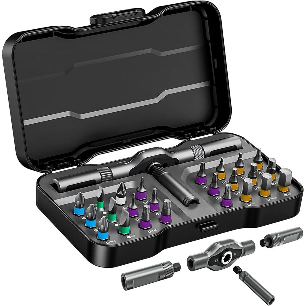 Trade Shop - Kit Cacciaviti A Cricchetto 24in1 Di Precisione Con 24 Punte Manico Rimovibile Riparazioni -