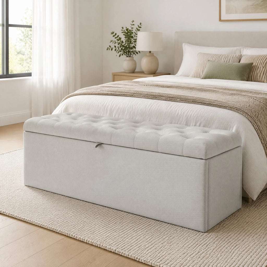 Panca contenitore imbottita in lino, 141 x 41,5 x 47 cm, grigio chiaro