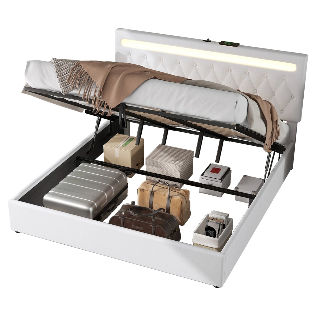 Letti contenitori 180x200 cm con sollevamento idraulico; LED USB; lino e MDF; bianco