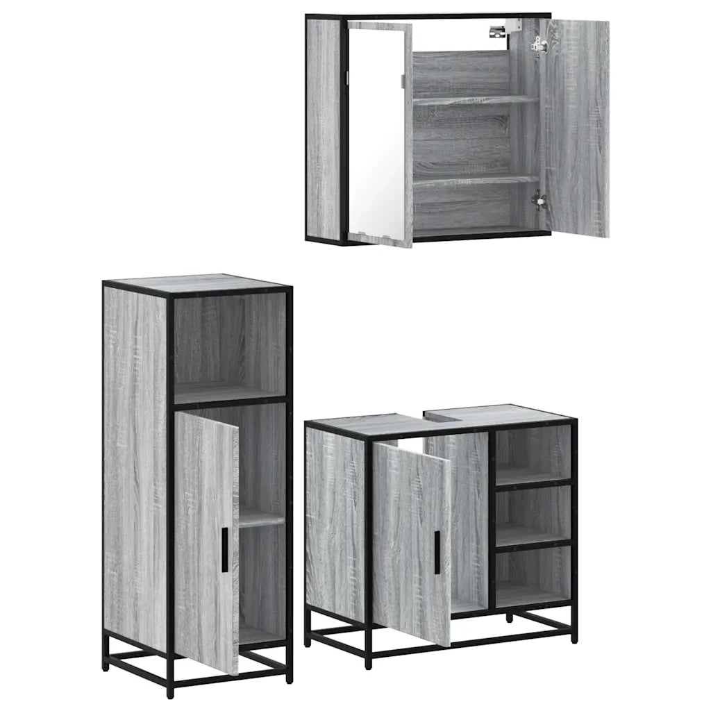 Set Mobili da Bagno | Armadio da bagno 3 pz Grigio Sonoma in Legno Multistrato