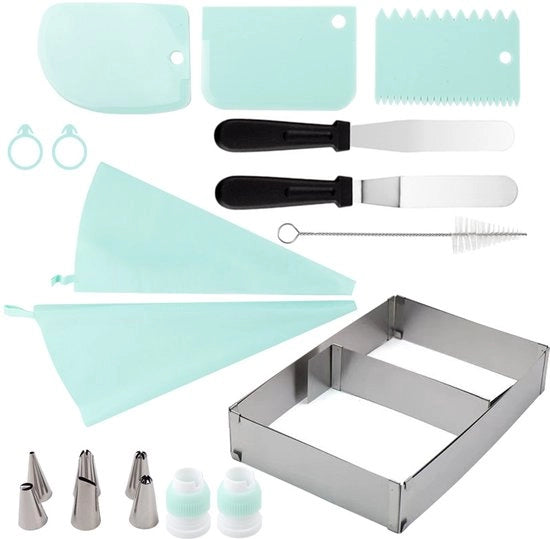 Stand per torta rettangolare, struttura estensibile, forma rettangolare per torte, acciaio inossidabile, adatto per torte, mousses, tiramisù. Set da 19 pezzi verde.