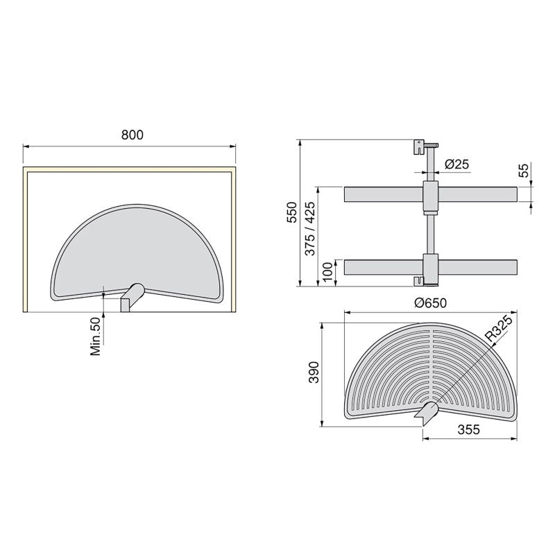 Set di piatti girevoli 3/4 Shelvo, per modulo da 800 mm, Tecnoplastica e Alluminio, Grigia