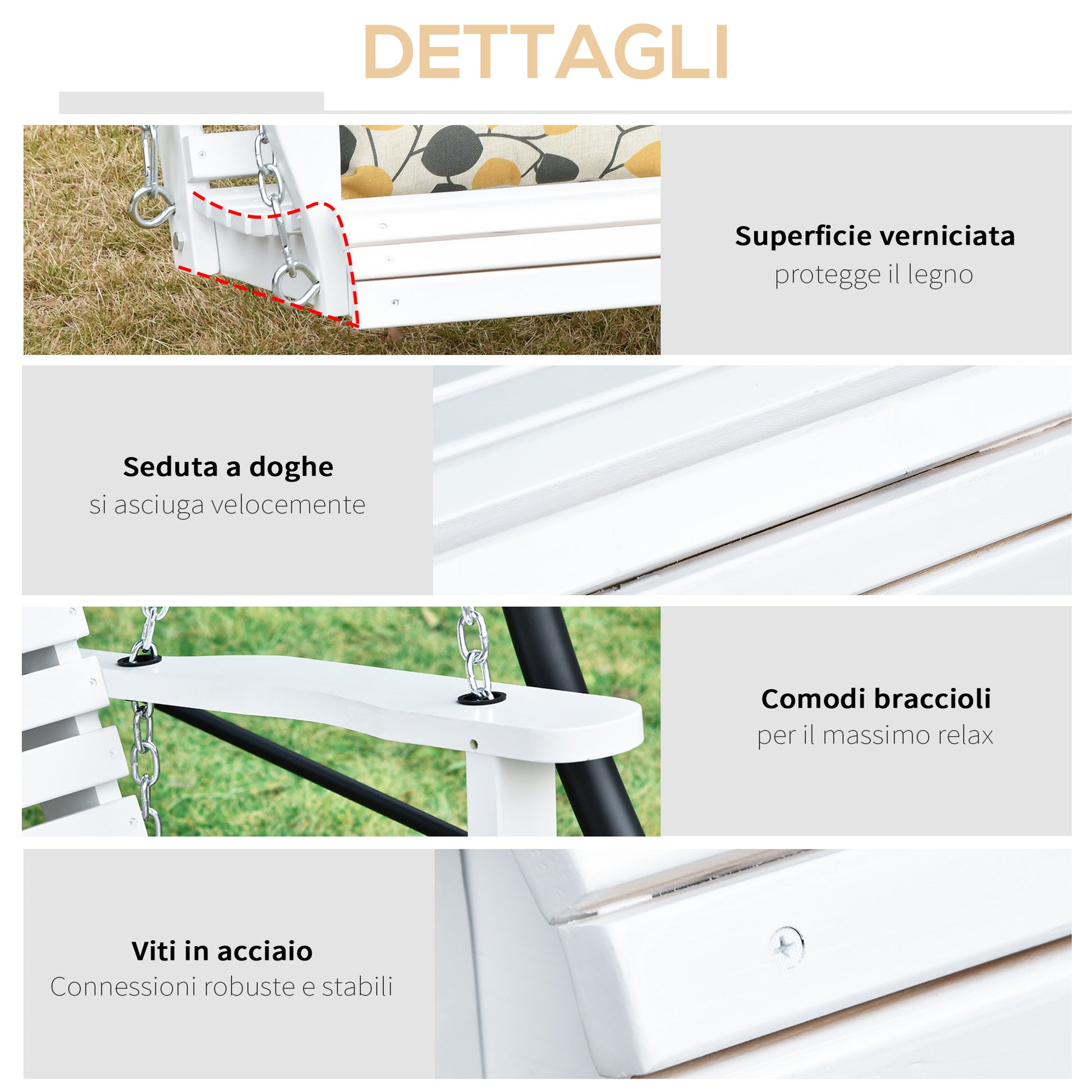 Dondolo 3 Posti da Esterno 150x75x53 cm con Tavolino Centrale e Portabicchieri in Legno e Metallo Bianco