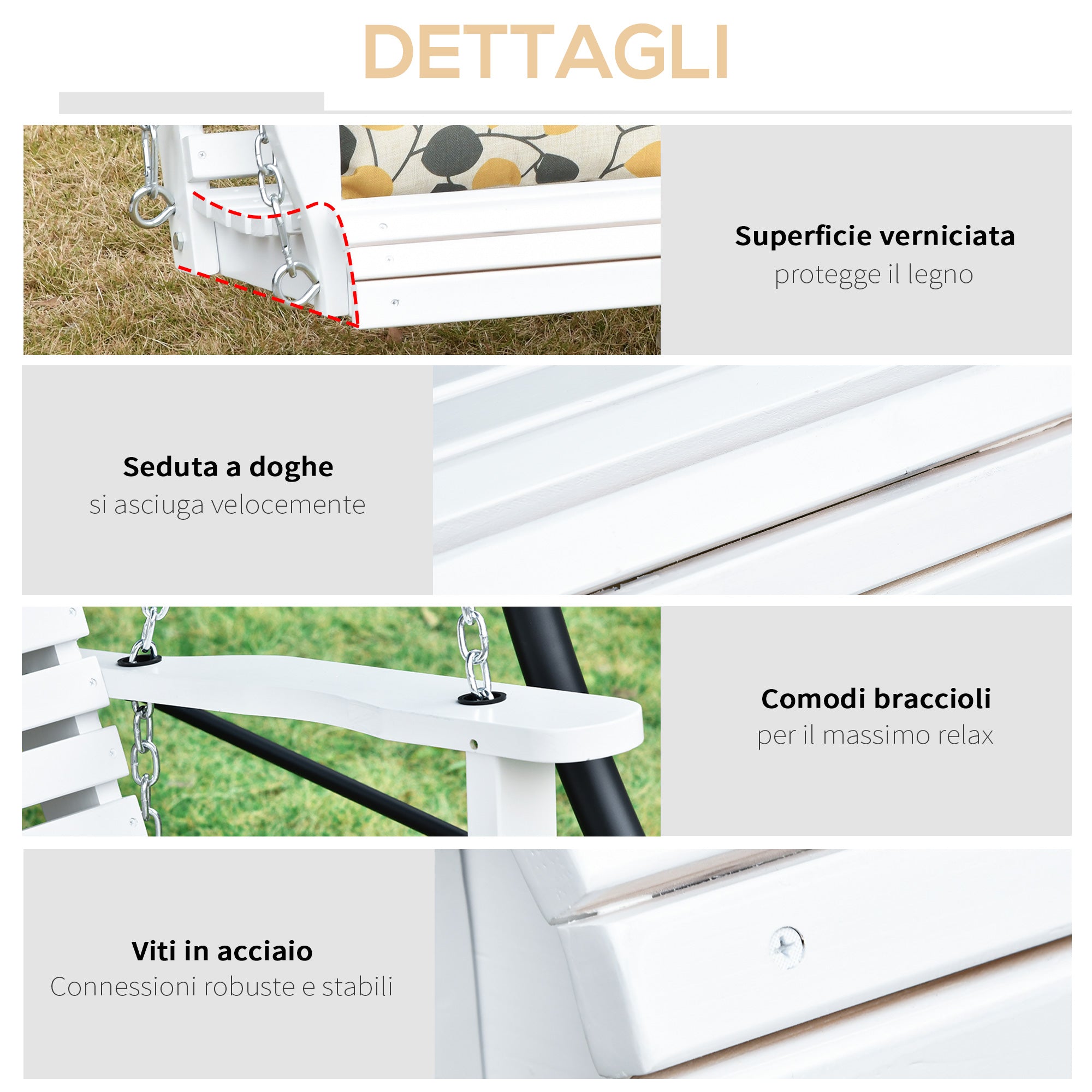 Dondolo 3 Posti da Esterno 150x75x53 cm con Tavolino Centrale e Portabicchieri in Legno e Metallo Bianco