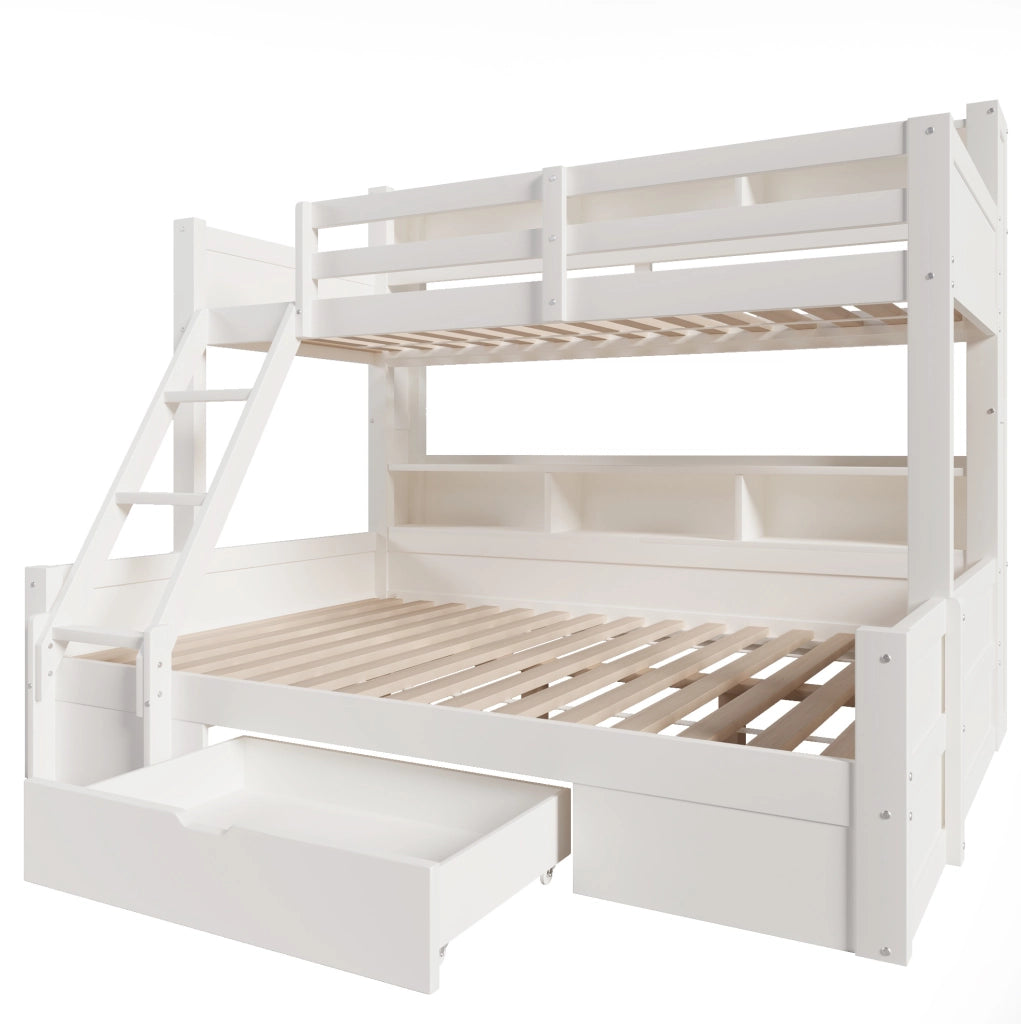 Letto a castello ULEVR 90x200 e 140x200 cm con LED, vani aperti e cassetto, bianco