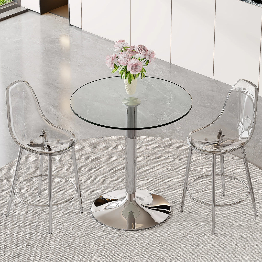 Set tavolo cucina e sedie con 1 tavolo bar e 2 sgabelli; poggiapiedi; in vetro; metallo e plastica trasparente