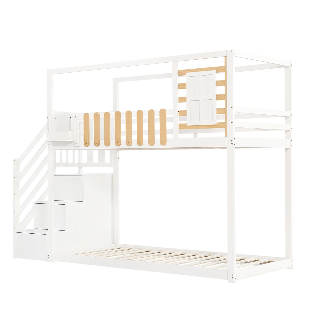 Letto a castello 90x200 cm con scala e vani portaoggetti in legno e MDF bianco naturale
