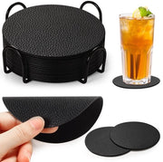 Set di 12 sottopiani per bicchieri, sottopiani per bicchieri a doppia faccia, sottopiani antiscivolo con supporto, sottopiani in pelle, imitazione pelle, sottopiani per tavolo, finitura in pelle nera
