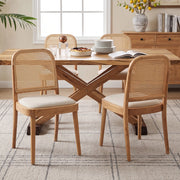 Set di 2 sedie da pranzo in legno massiccio con schienale in rattan e seduta in lino