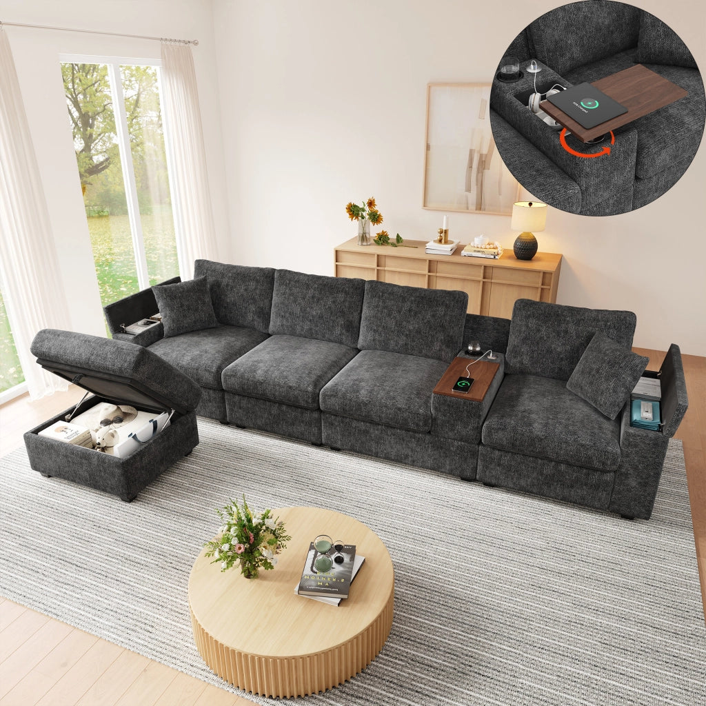 Divano modulare angolare con pouf porta bicchieri USB e tipo C con contenitore in chenille grigio 313 × 147 × 82 cm
