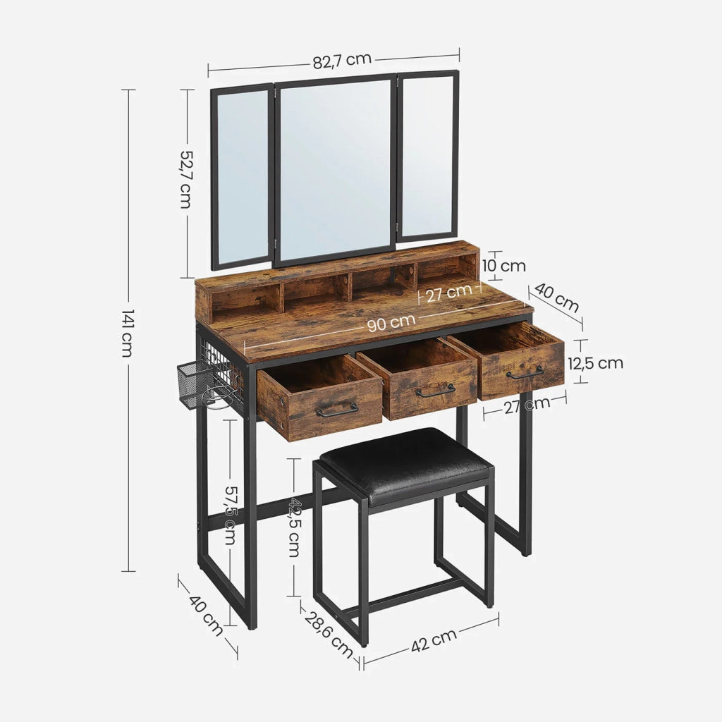 Set da toeletta 90 x 40 x 141 cm con sgabello imbottito specchio triplo 3 cassetti portaphon e contenitore portaoggetti stile industriale marrone 12_0005417