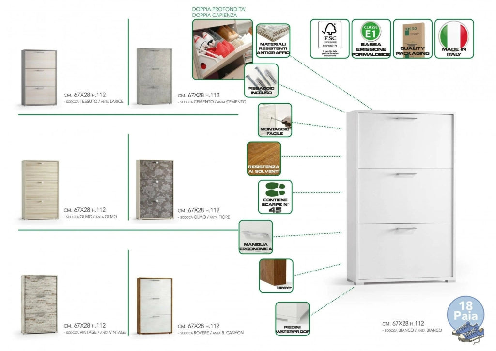 Mobile Portascarpe Axinite, Scarpiera 18 Paia Made in Italy, 67x28x112h cm Bianco