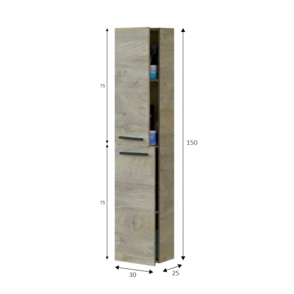 Colonna Bagno Notte, Mobile a colonna per bagno a 2 ante, Armadio pensile sospeso con 2 ripiani, cm 30x25h150, Rovere