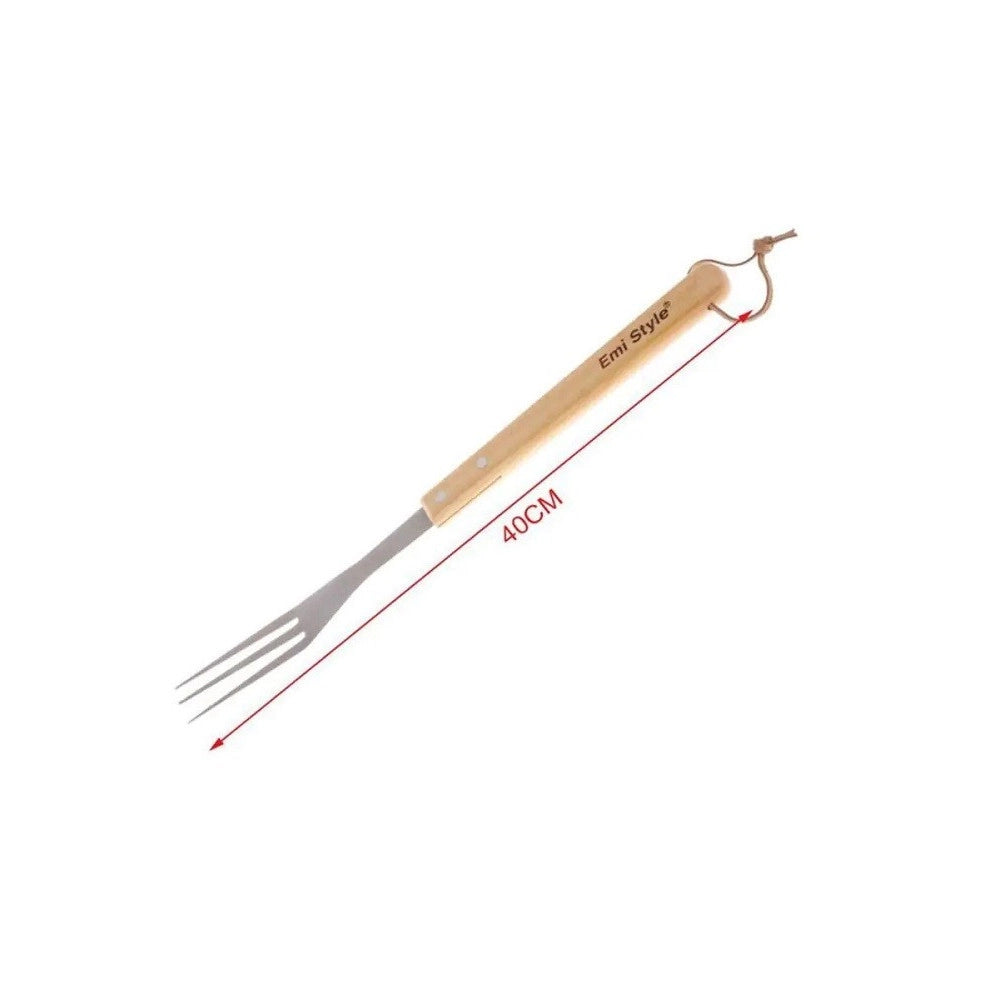 Trade Shop - Forchettone 3 Rebbi Per Barbecue Grigliata 40cm In Acciaio Manico Legno 2406328 -