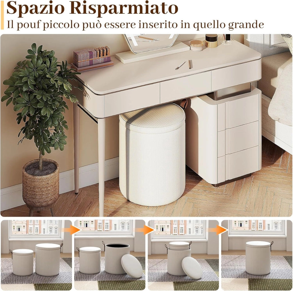 Set di 2 Pouf Contenitore in Velluto, Pouf Rotondi Imbottiti da 40L + 25L, Sgabelli con Contenitore per Soggiorno, Camera da Letto, Portata 150 kg (Bianco)