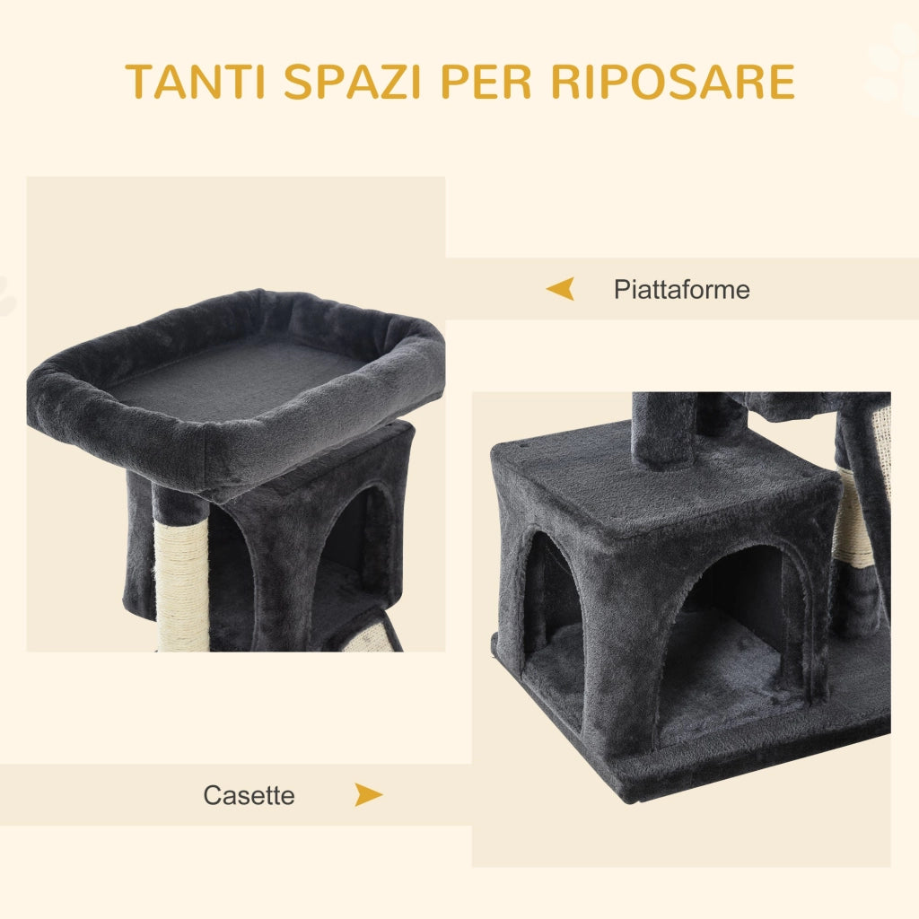 Albero Tiragraffi con Lettino e 2 Casette 59x39x83 cm Pali in Sisal Nero