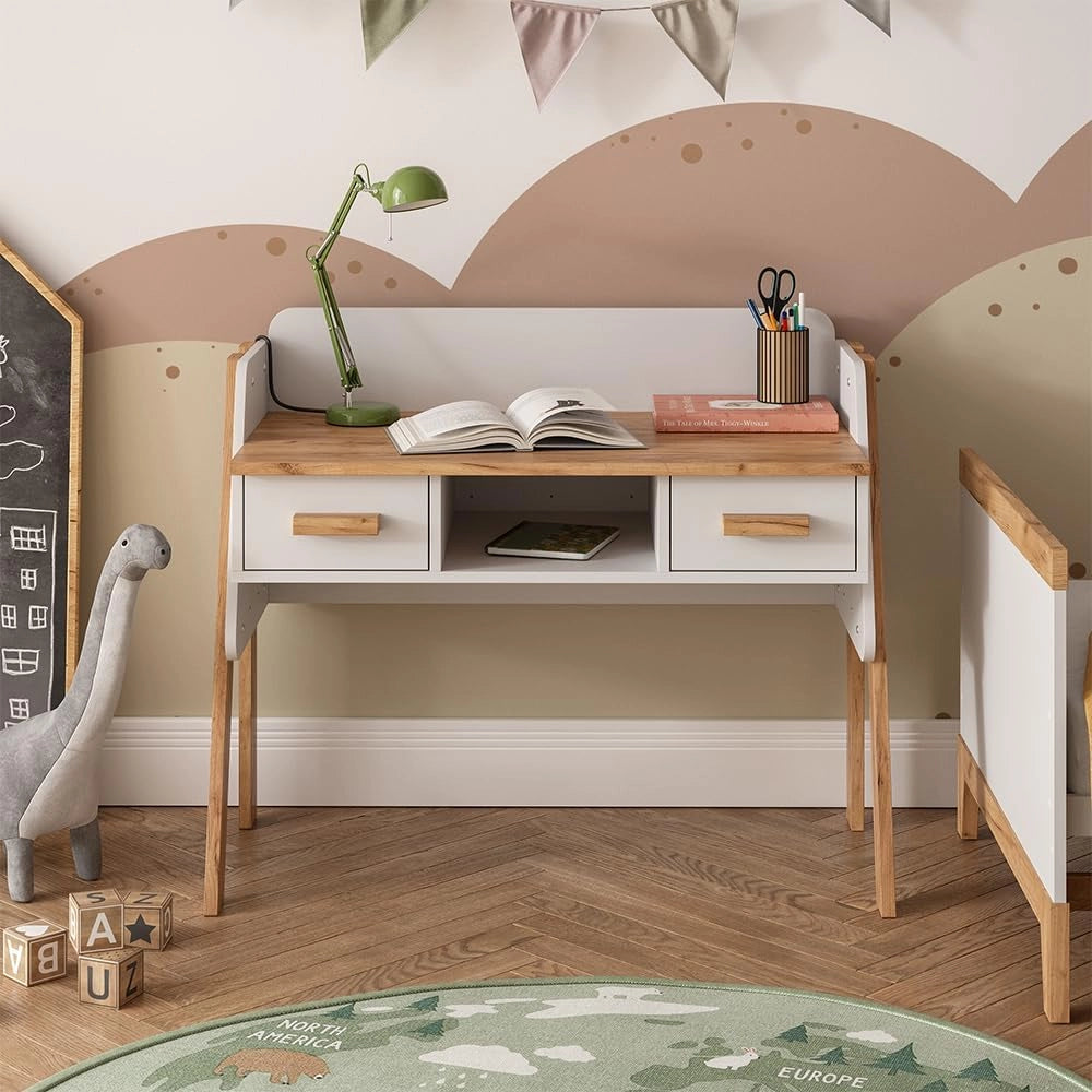 Scrivania Malia, Bianco/Artisan, 97 x 51 cm con 2 cassetti, regolabile in altezza per una configurazione flessibile della postazione di lavoro