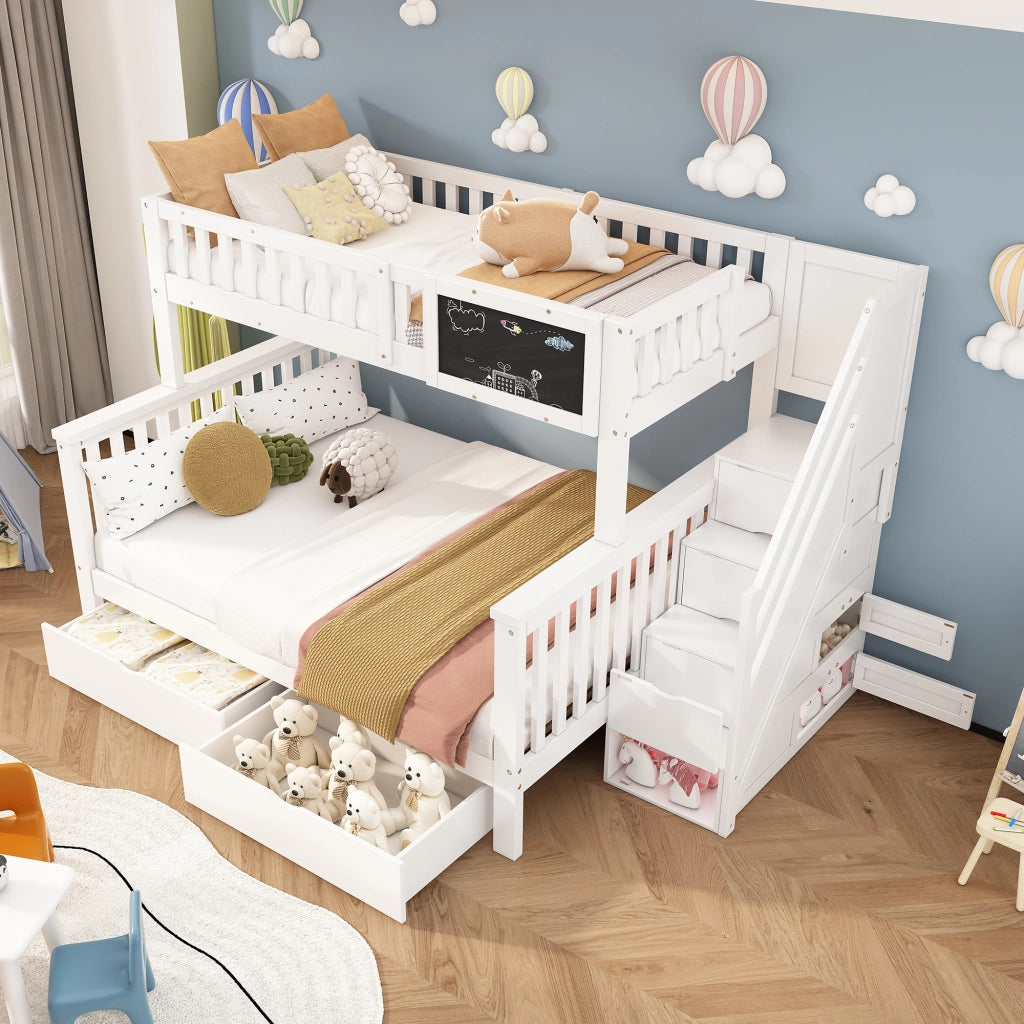 Letto a castello per bambini bianco 90x200 cm con lavagna, cassetti e spazi contenitore, senza materasso