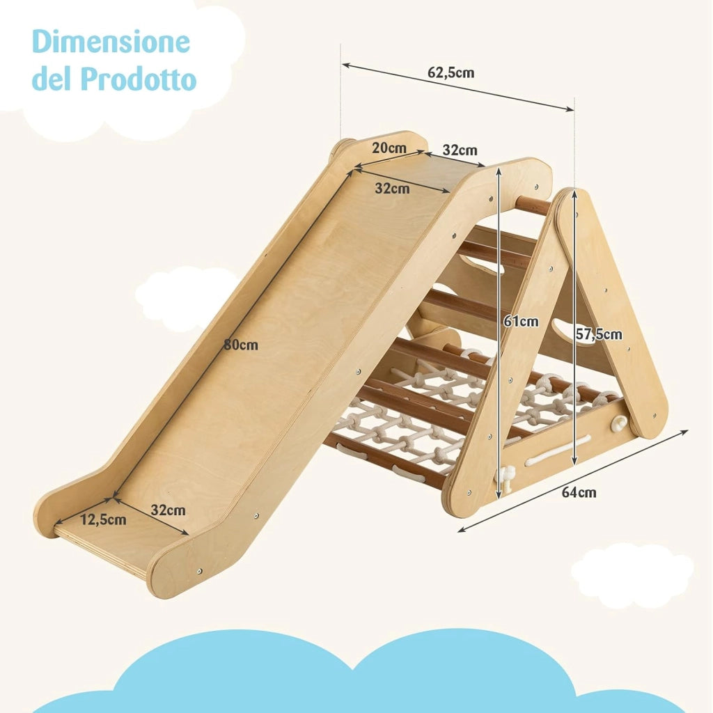 Set 4 in1 Arrampicata per Bambini, Arrampicata a Triangolo con Scivolo, Set di Arrampicata in Legno per Interni e Esterni con Rete di Arrampicata, Carico 60kg, 1 Anni+ (Naturale)