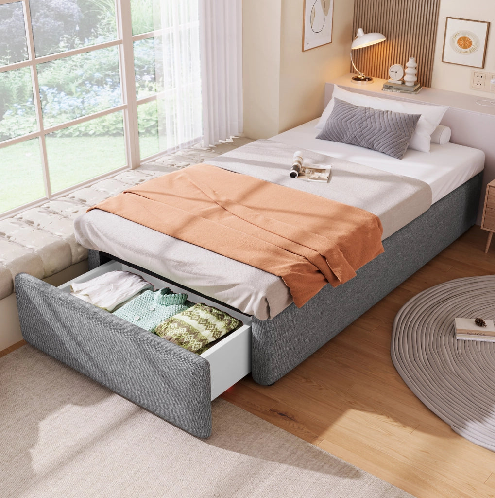 Letto imbottito 90x200 cm senza testiera; con contenitore idraulico e cassetto; grigio