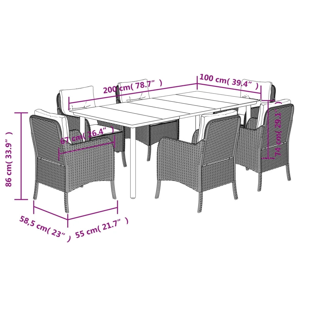 Set da Pranzo da Giardino 7 pz Nero con Cuscini in Polyrattan 3211918