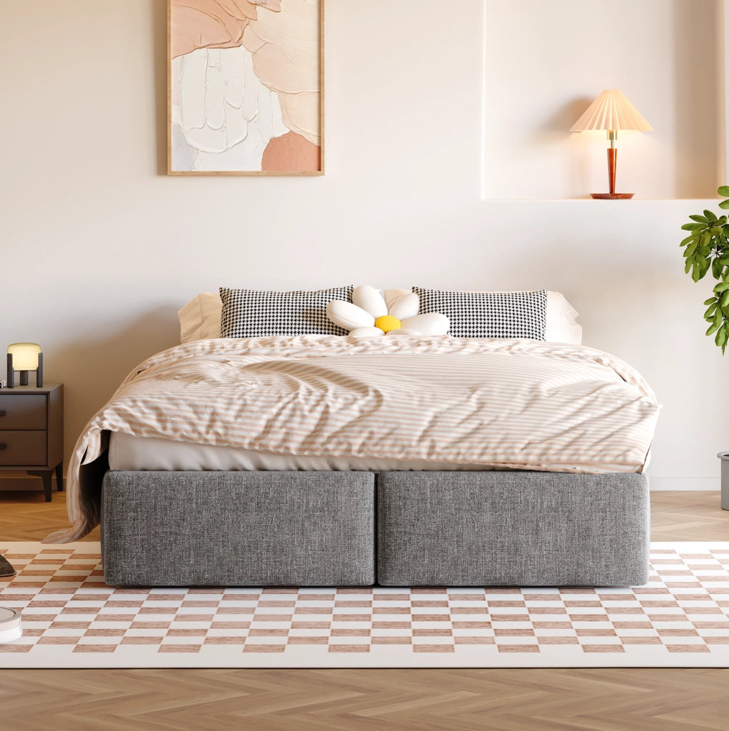 Letto imbottito 140x200 cm; con contenitore idraulico e 2 cassetti; tessuto cotone e lino; grigio