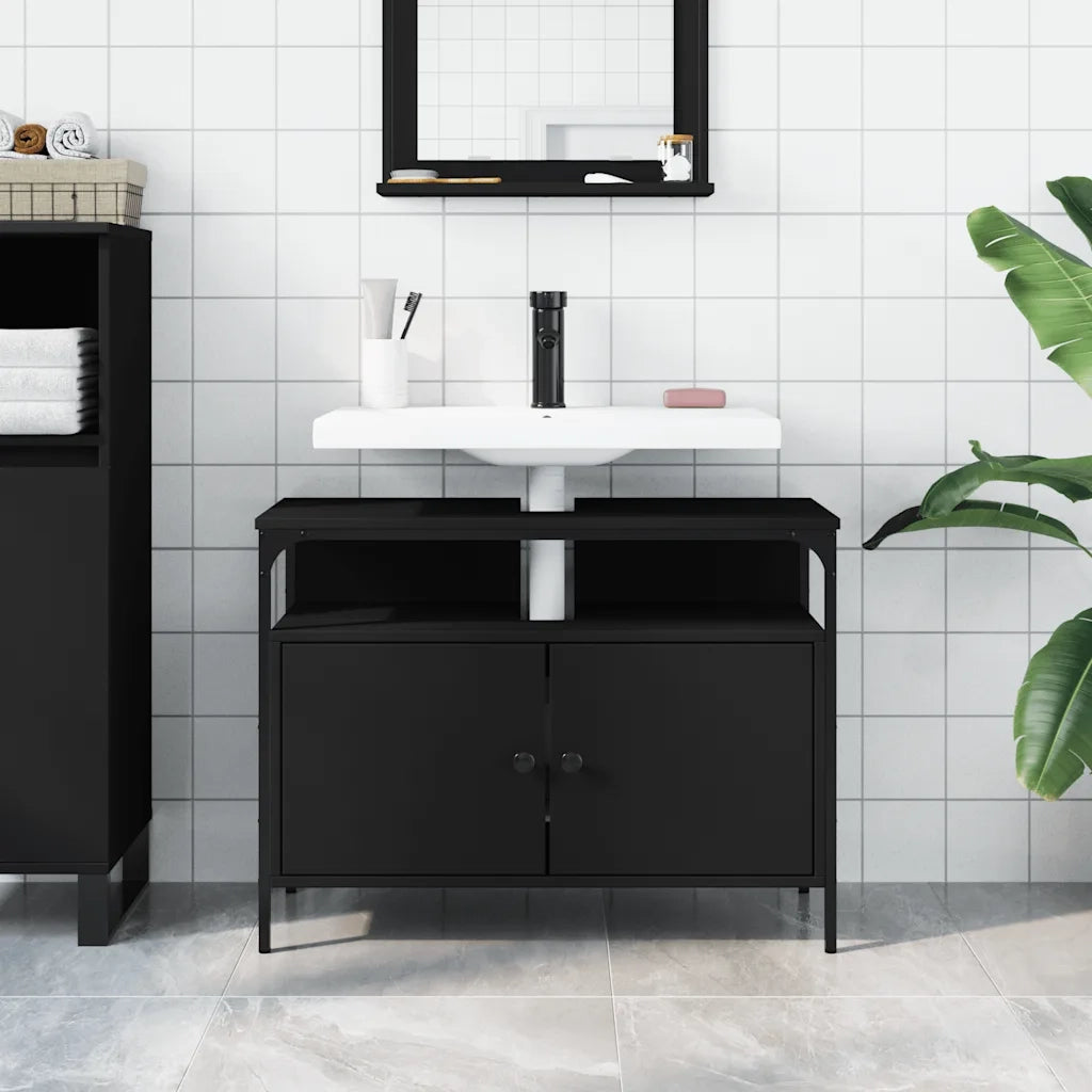 Mobile Lavabo Bagno Nero 80x30x60 cm in Legno Multistrato 842441