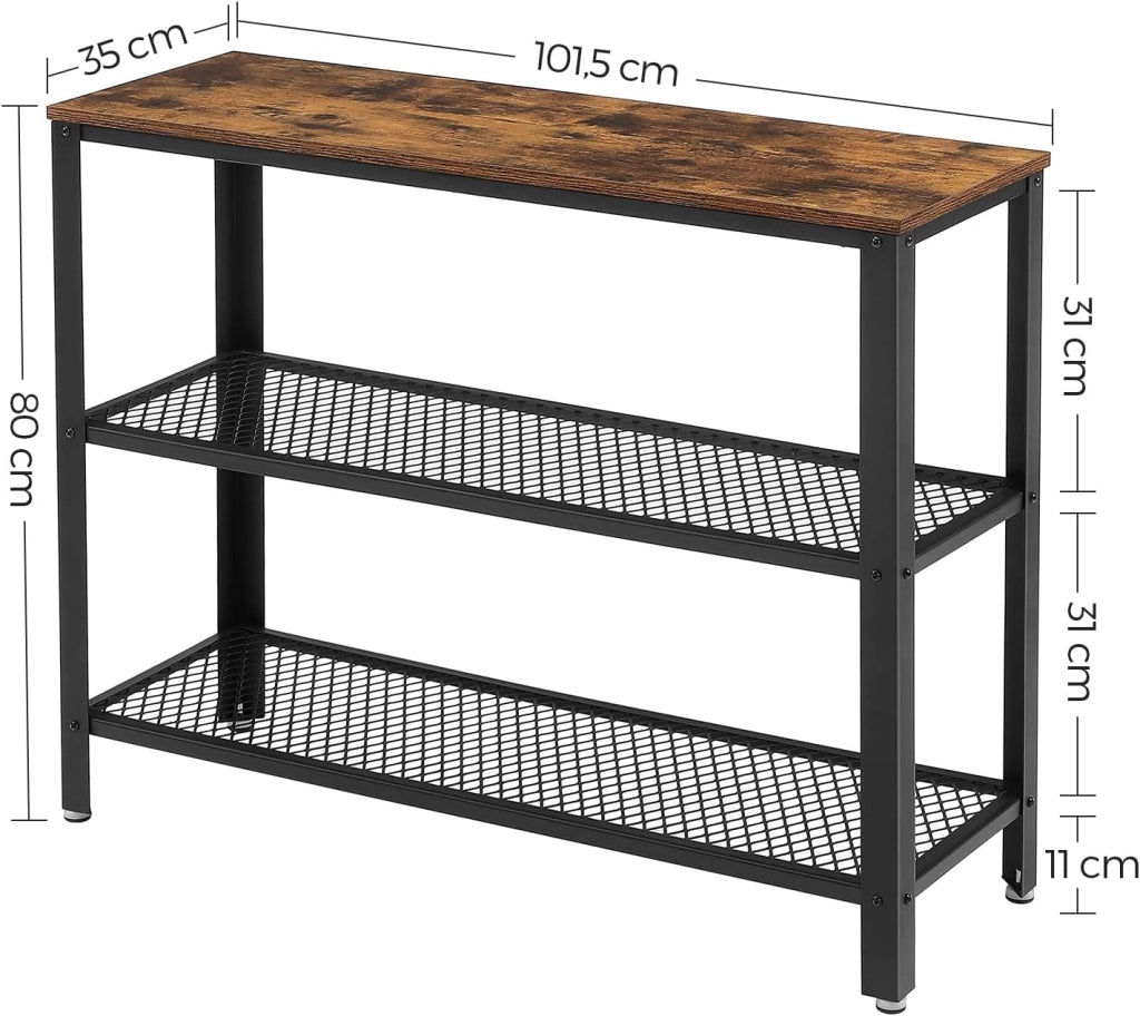 VASAGLE Tavolo da consolle, tavolino da salotto, credenza, con 2 ripiani in traliccio, per soggiorno, corridoio, 101,5 x 35 x 80 cm, telaio in acciaio, stile industriale, marrone rustico e nero