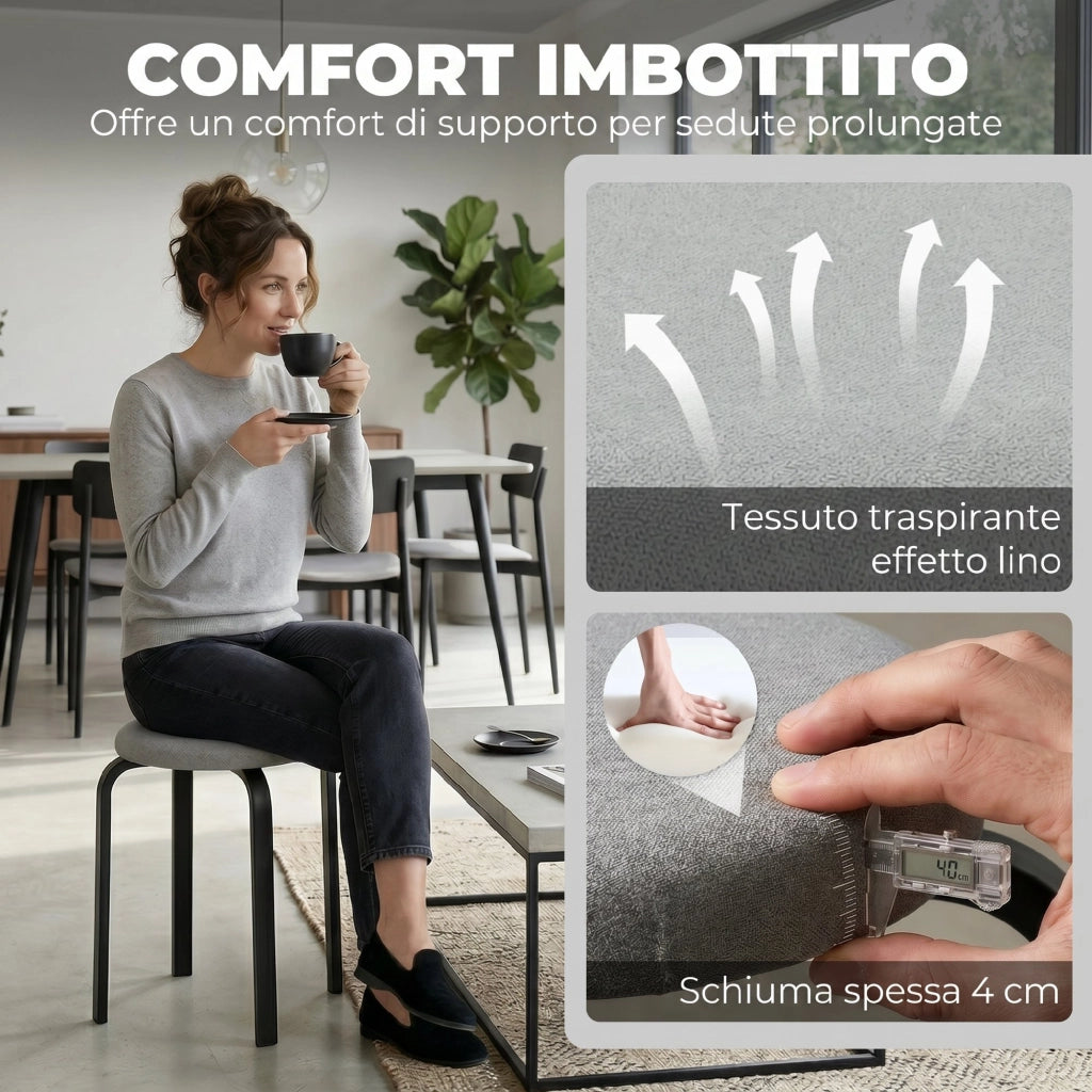 Set di 4 Sgabelli Impilabili Moderni con Cuscino Tondi. Grigio