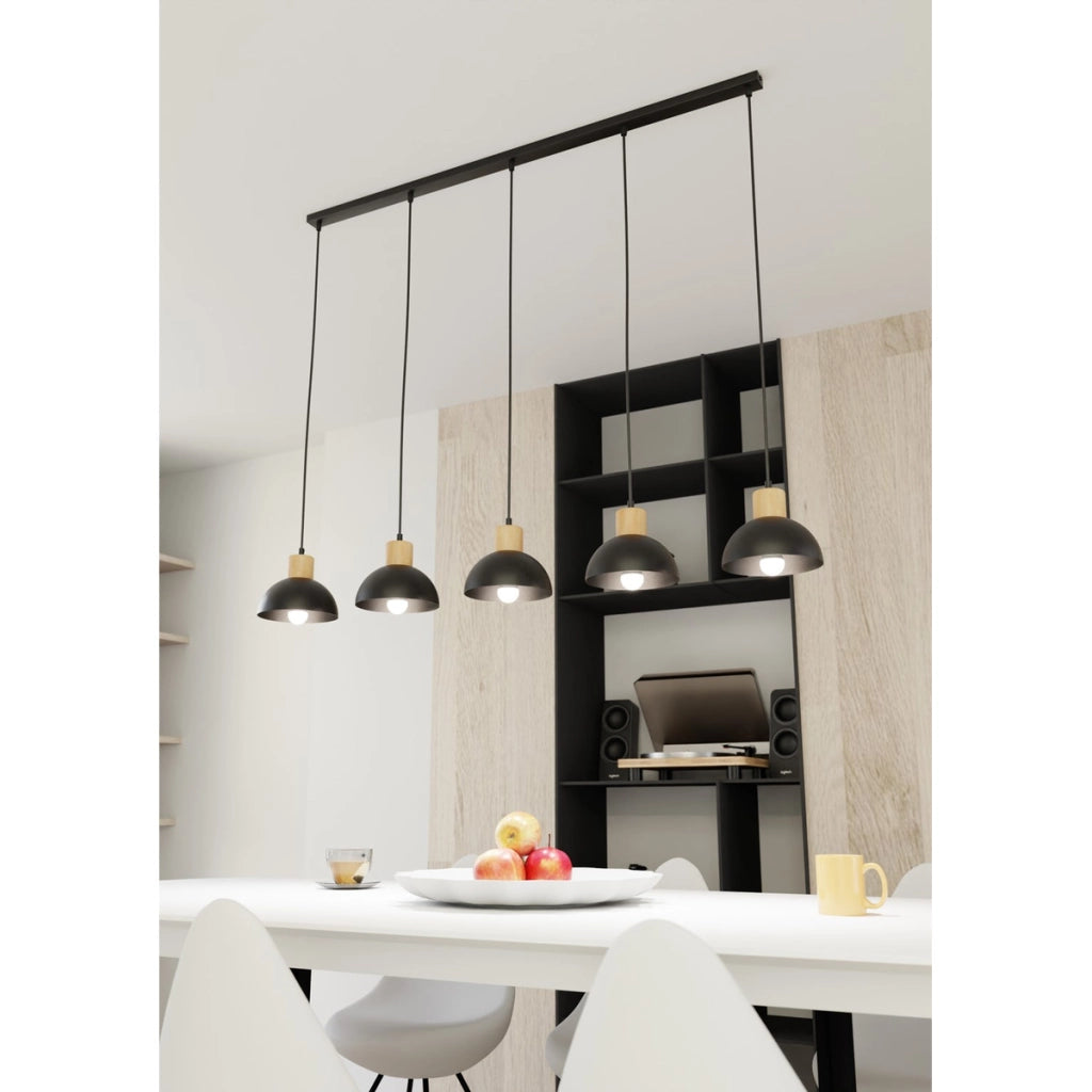 Lampada a sospensione Seco in acciaio nero opaco e legno