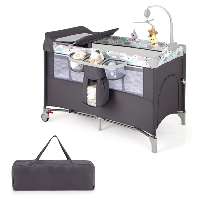Lettino per bambini con materasso fasciatoio carillon e 3 giocattoli appesi, Box multiuso 5 in 1 Grigio scuro-Culle