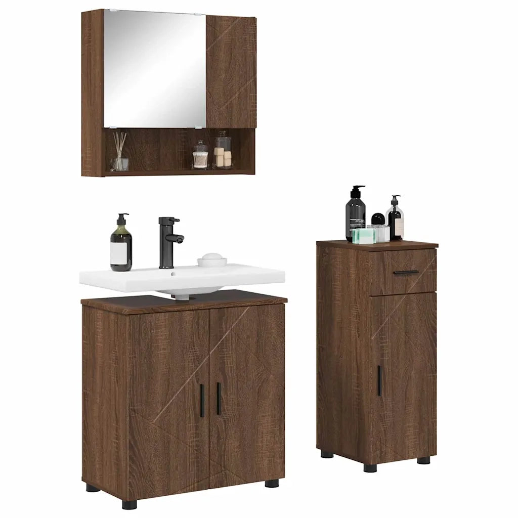Set di mobili per il bagno con cassetto 3 pcs Rovere Marrone