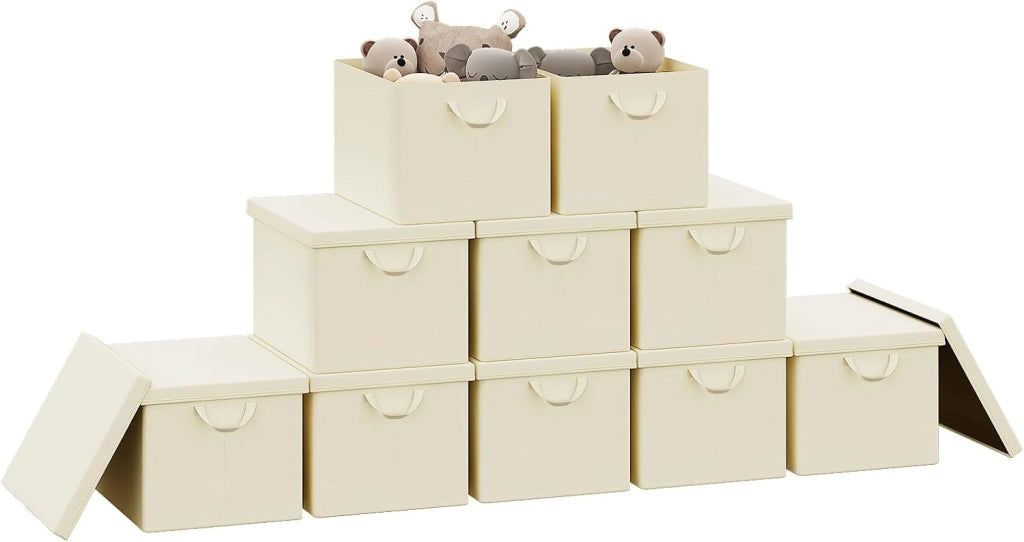 Scatole portaoggetti in Tessuto 10 Pezzi, Contenitori pieghevoli con Coperchio e Maniglie, per Vestiti da Armadio, Crema, 48x36x30cm