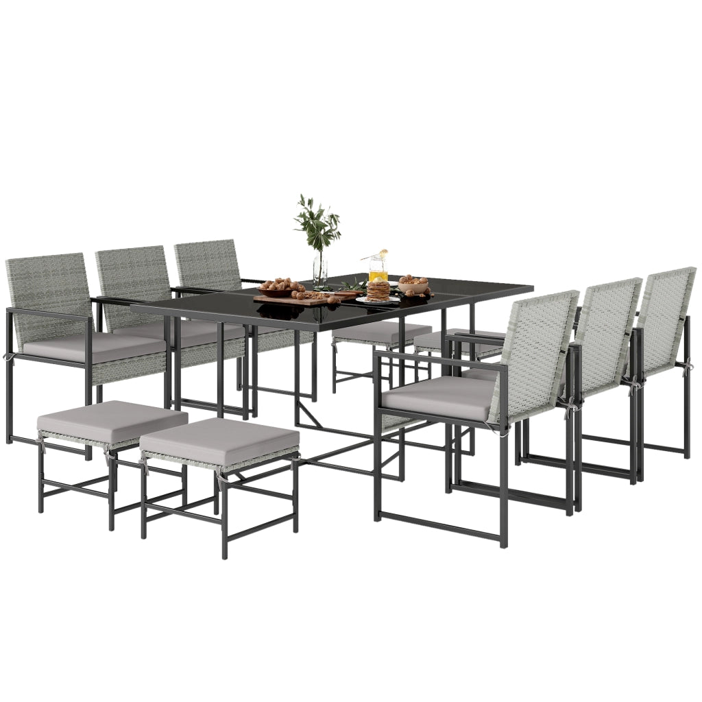 Set Pranzo Patio 11 Pezzi, Mobili Esterno Con 6 Poltrone, 4 Pouf, Grigio