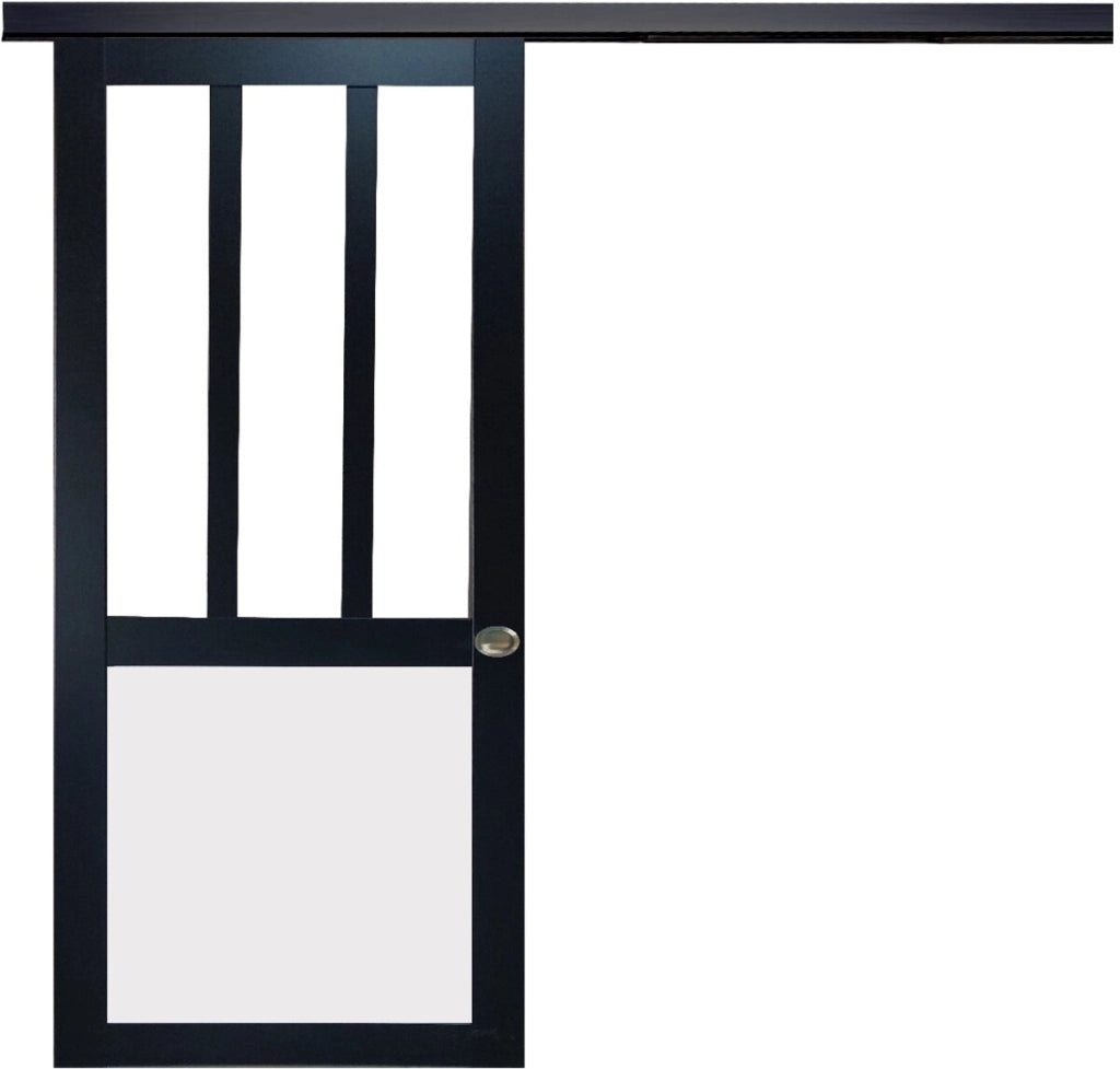 Porta Scorrevole Workshop Nera e Pannelli Vitree bianchi H204 x L83 + Binario in Alluminio Nero e 2 Gusci