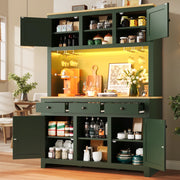 Credenza alta con LED e ante in PE rattan, ripiani regolabili e cassetti, per cucina e soggiorno, verde antico