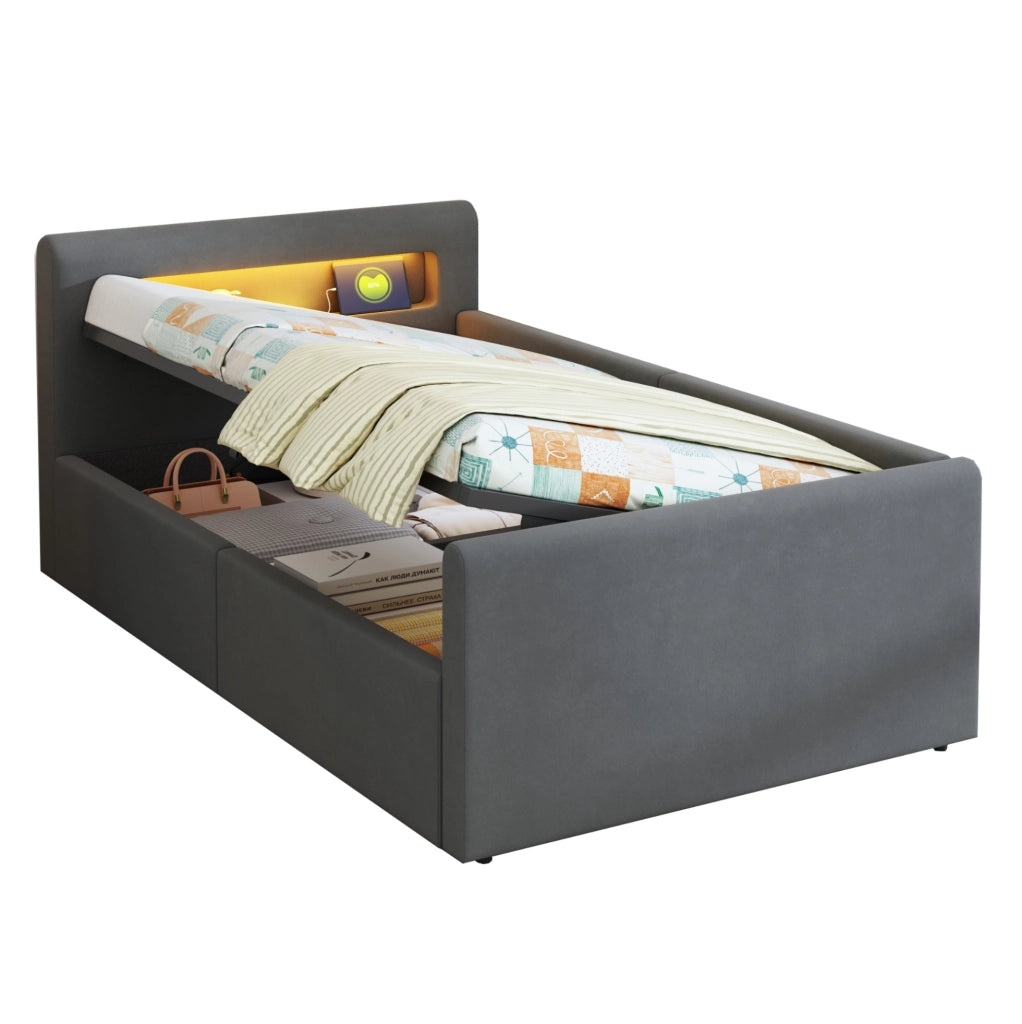Letto imbottito per bambini 90x200 cm con LED, USB e contenitore idraulico