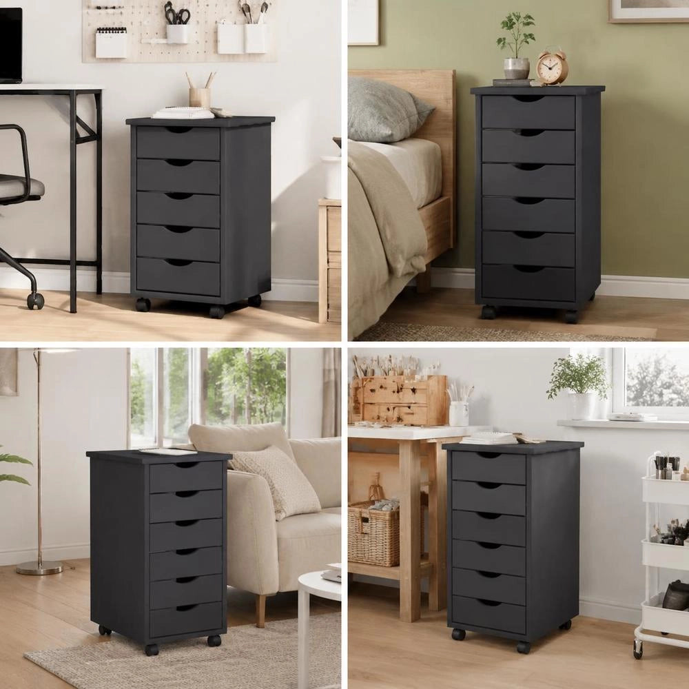 Rolling Cabinet With Drawers MOSS Grey Solid Pine Wood