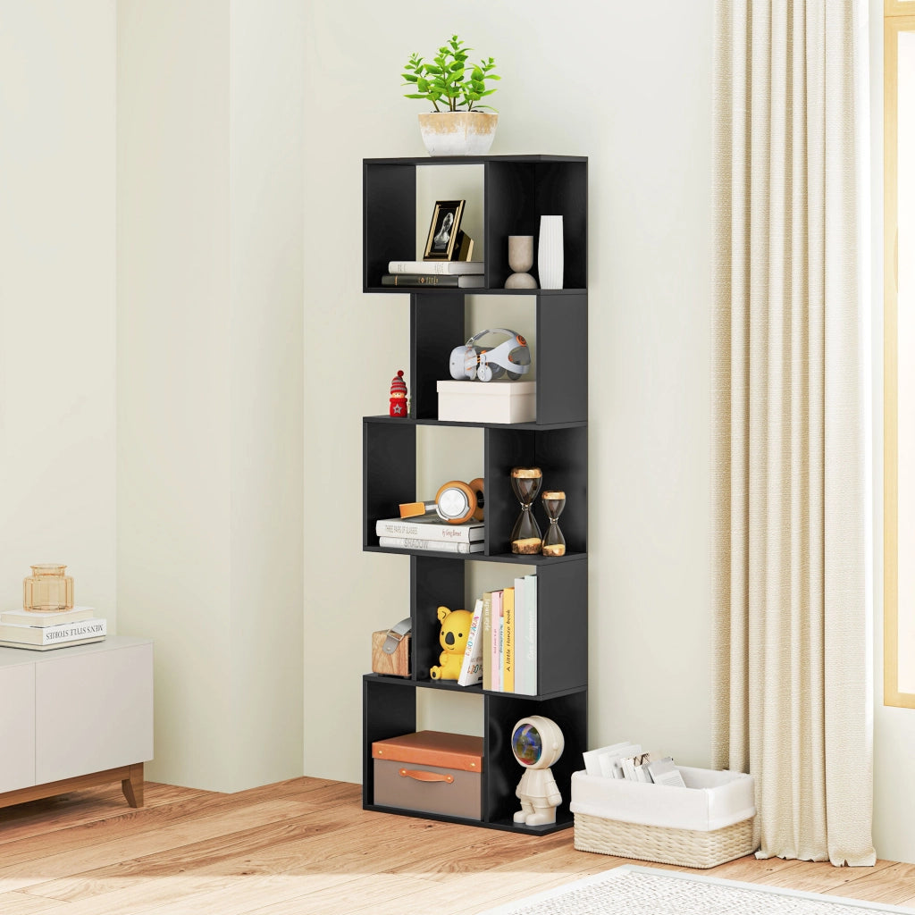 Mobile Libreria in Legno a 5 Ripiani Design Moderno in Legno, 60x24x184.5 cm, Nero