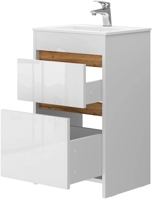 Set mobili bagno Detmold, Bianco lucido/oro power oak, 49 cm, composto da mobile sottolavabo e lavabo