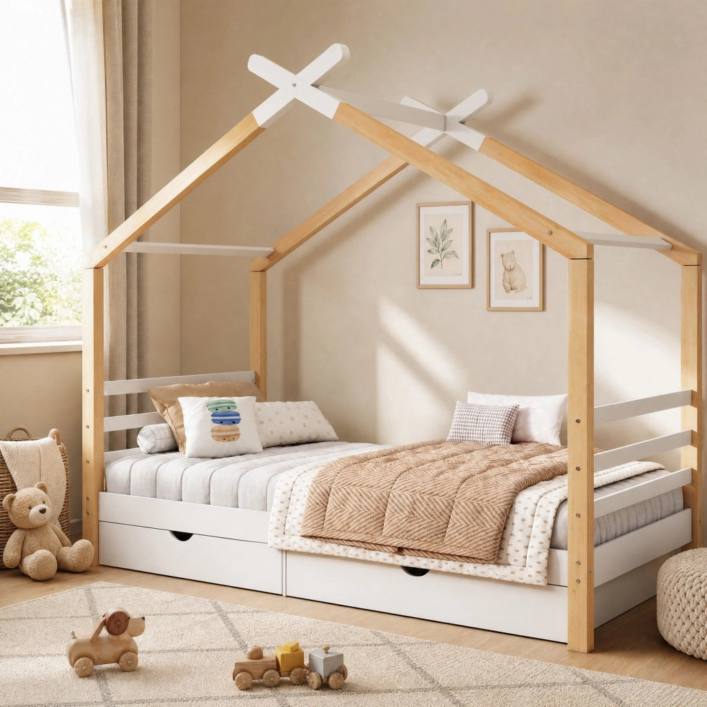 Letto a casetta per bambini con cassetti, in legno di pino e MDF, con rete a doghe, bianco, 90x200 cm