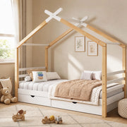 Letto a casetta per bambini con cassetti, in legno di pino e MDF, con rete a doghe, bianco, 90x200 cm