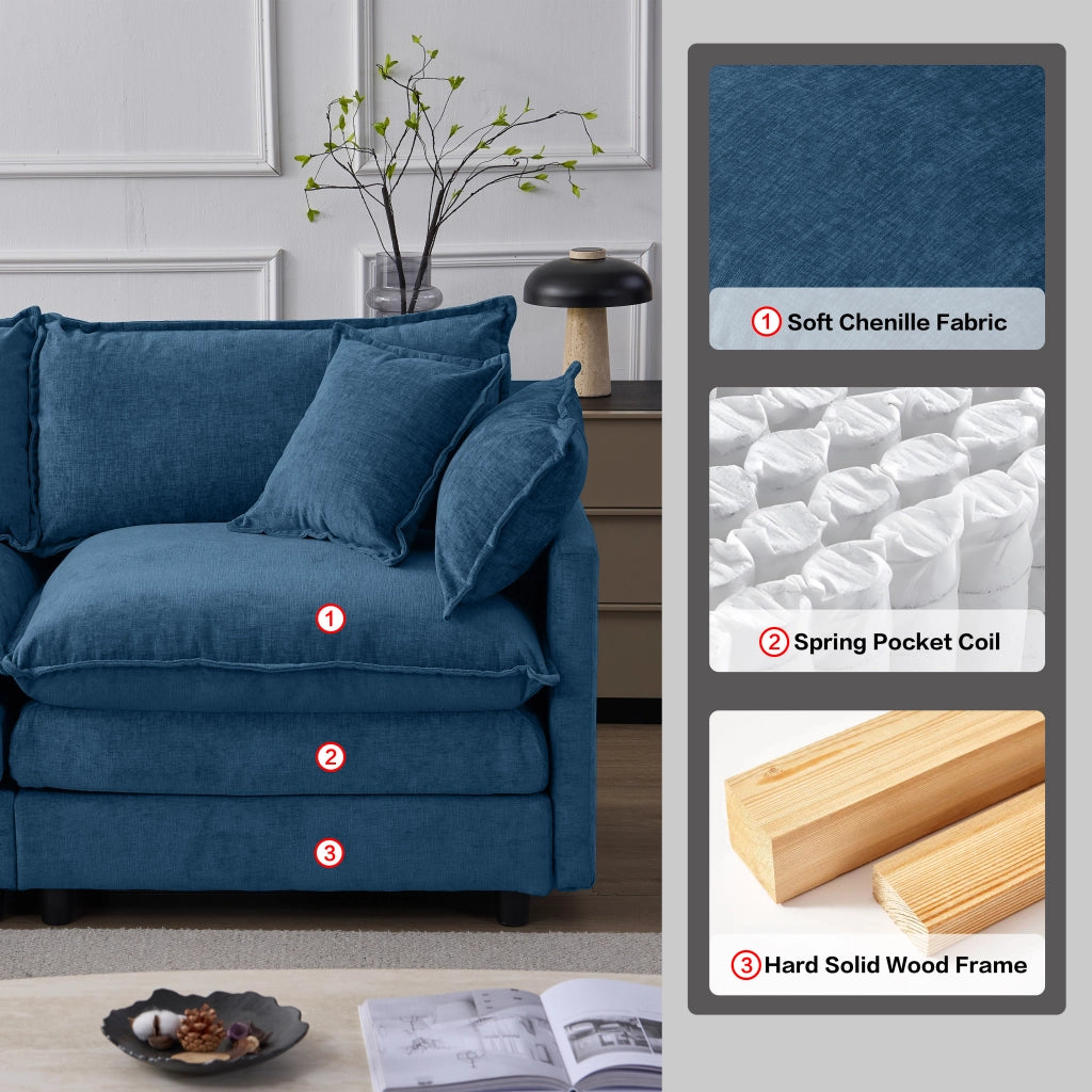 Divano modulare angolare a L con pouf mobile in chenille blu a 3 posti per soggiorno e lounge