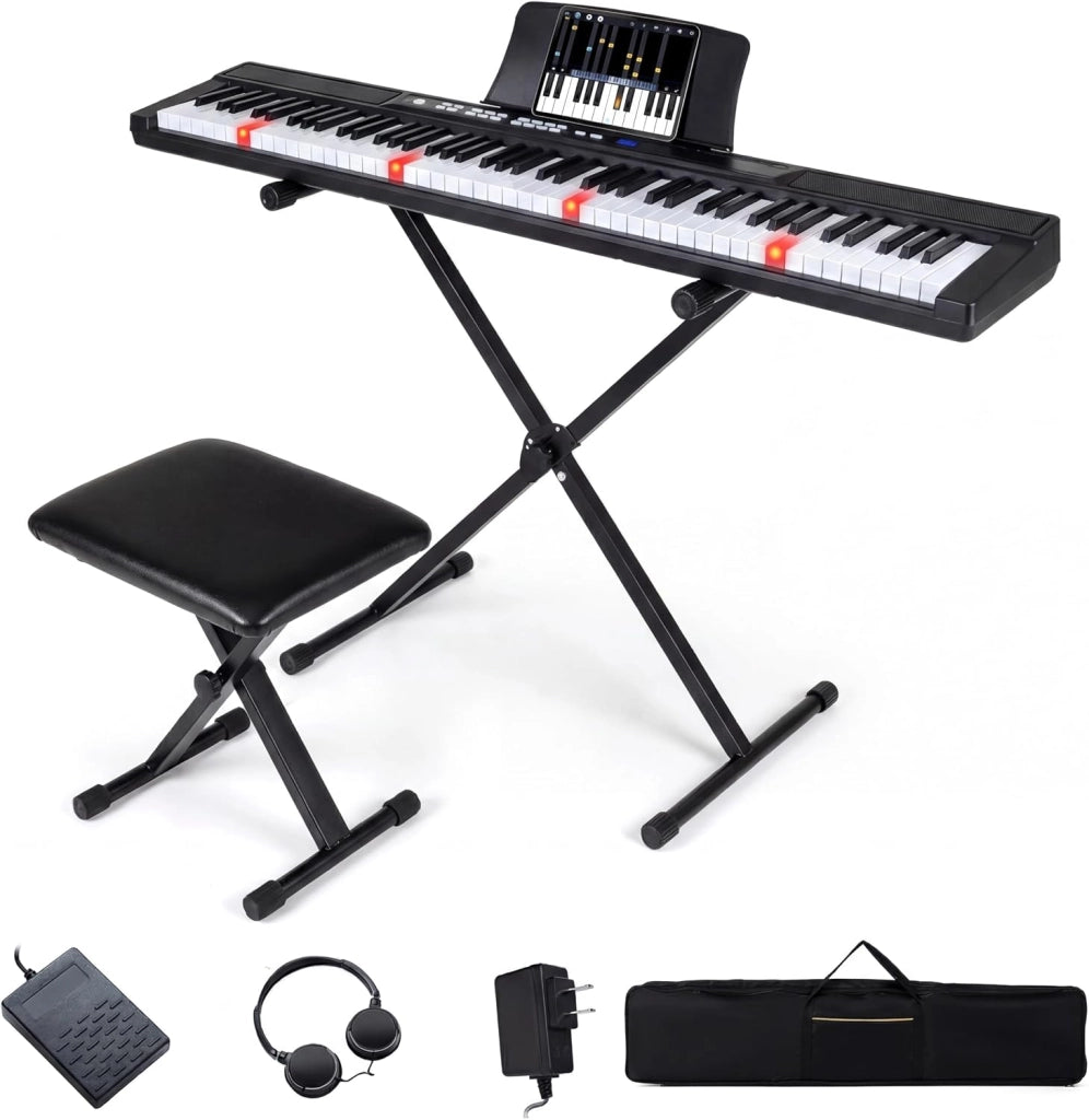 Tastiera per pianoforte a 88 tasti, pianoforte digitale con sgabello, supporto regolabile, auricolari, tastiera elettronica con tasti illuminati, borsa per principianti, adulti (nero)