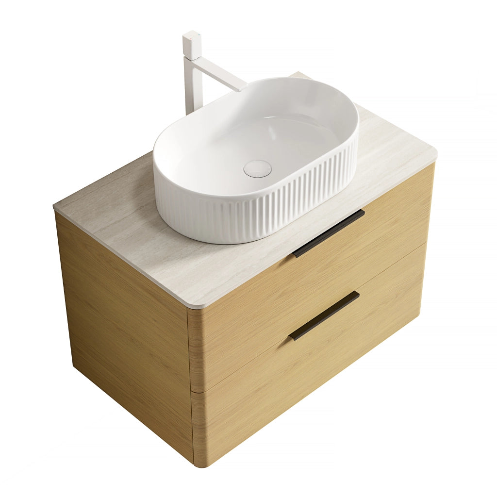 Mobile sottolavabo sospeso da bagno con lavabo ovale in ceramica, piano in travertino e 2 cassetti, 75 cm
