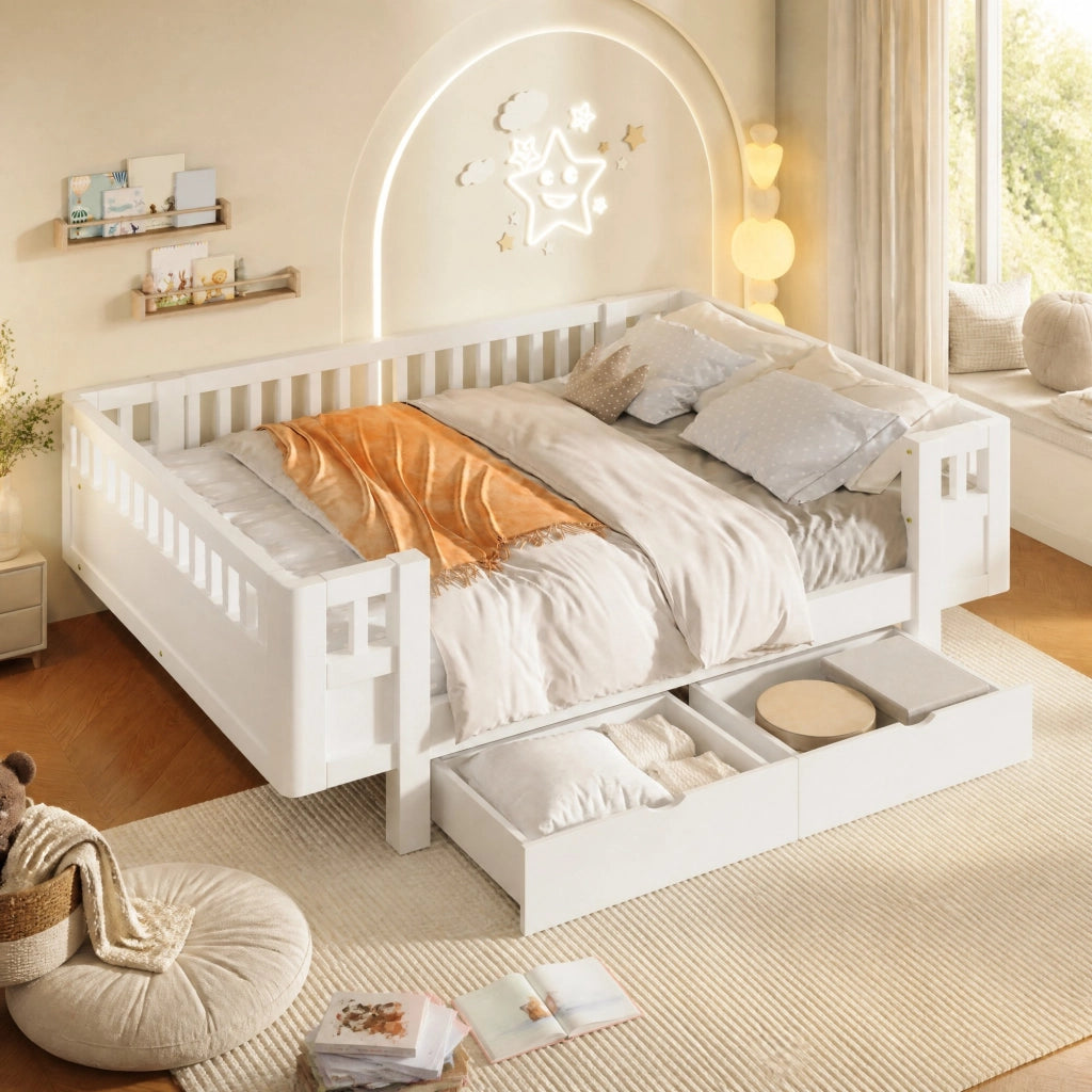 Letto per bambini con barriera alta e 2 cassetti, bianco